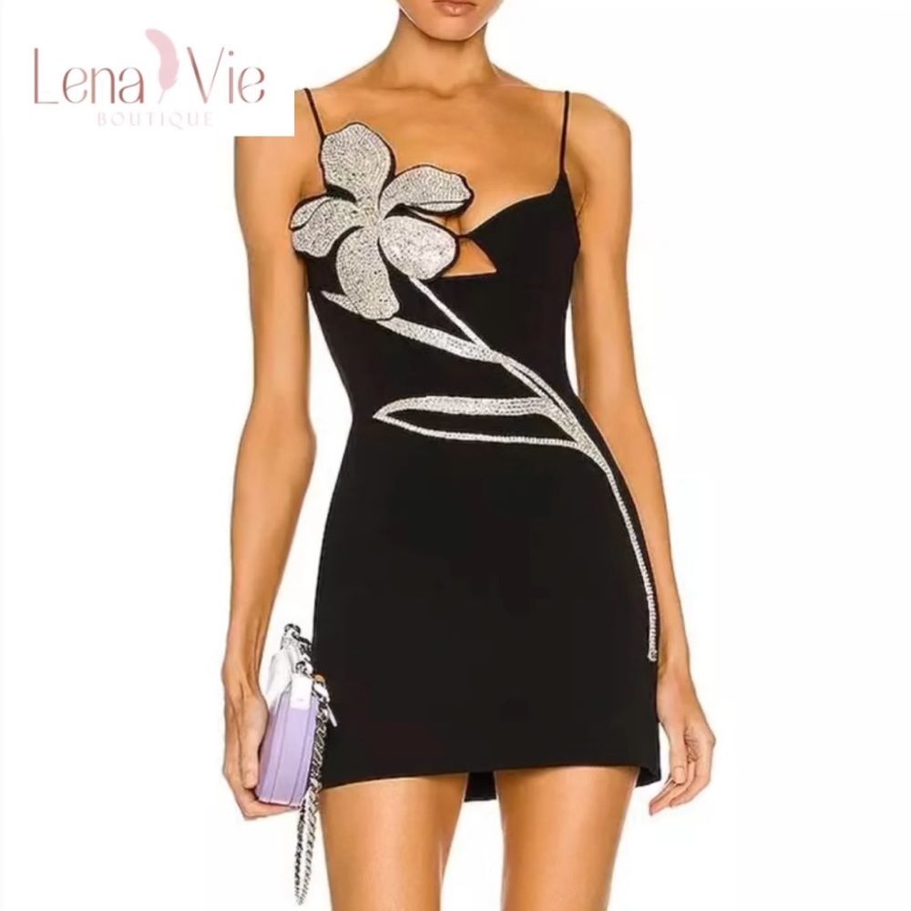 Swarovski Floral Appliqué Minidress in Diamond Black, Designer Runway Mini Dress
